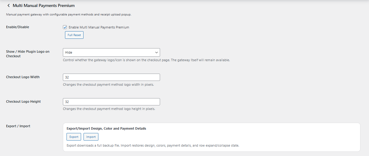 General settings and export import options
