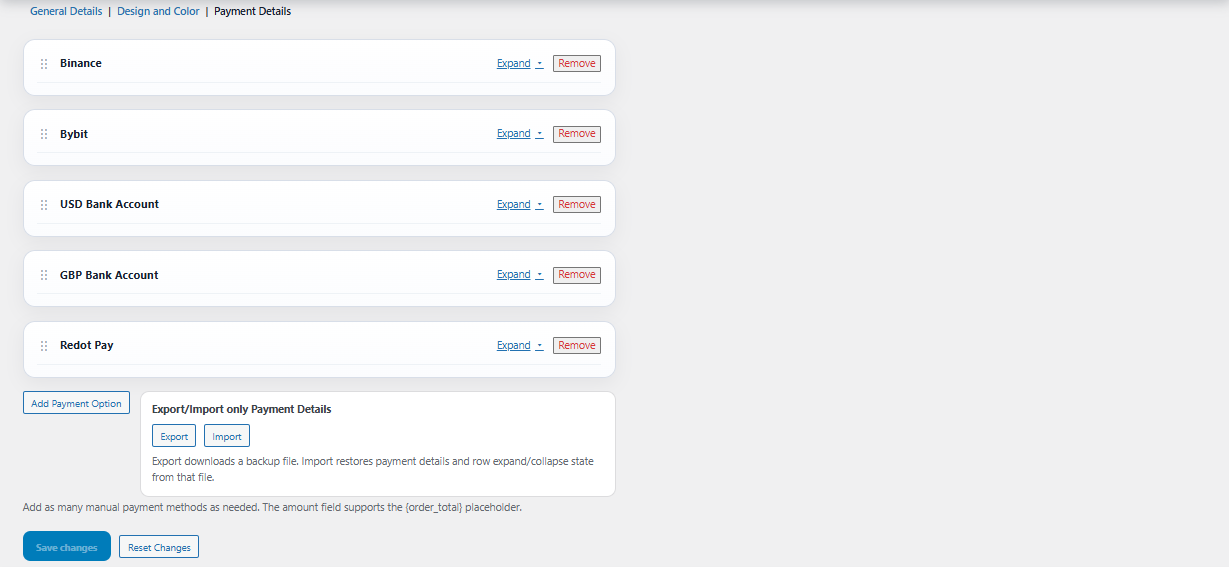 Unlimited payment details management section